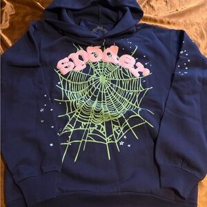 Blue Graphic Hoodie with Spider Web Design